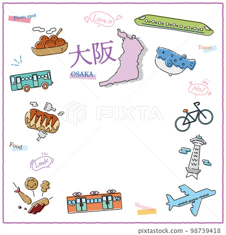 Icon set of gourmet tourism in Osaka Prefecture, Japan (line drawing) 98739418