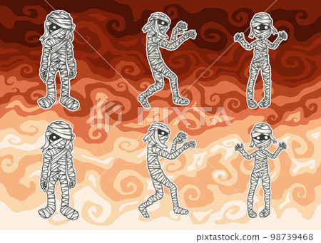 Six different ancient Egyptian mummies with patterned backgrounds 98739468