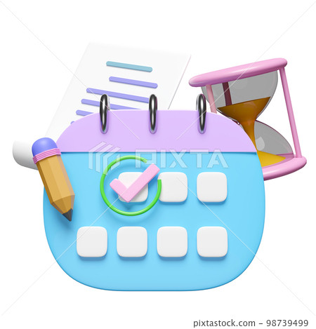 3d calendar with hourglass, checkmark icons, marked date, checklist, pencil isolated. schedule appointment business concept, 3d render illustration 98739499