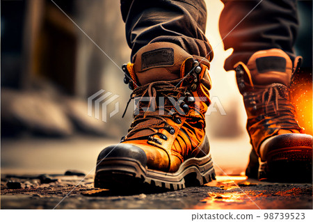Trekking boots stepping on a puddle. Waterproof sneakers 98739523