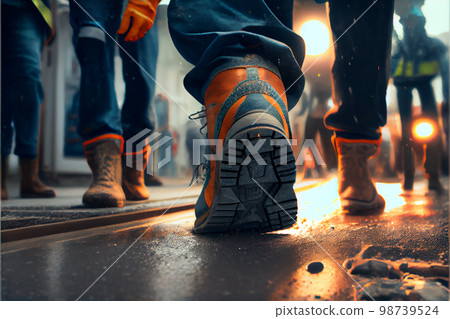 Protective worker boots on the background of production. Work clothes. 98739524