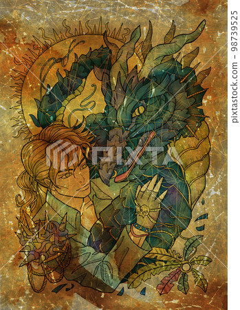 Colorful illustration with fantasy dragon and handsome warrior character boy, hero man or prince against old textured background Colorful illustration with fantasy dragon and handsome warrior character boy, hero man or prince against old textured background 98739525