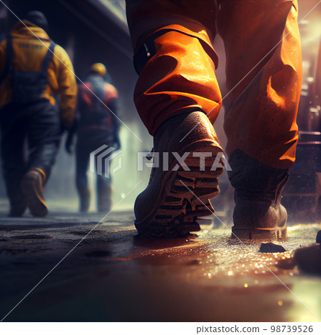 Protective worker boots on the background of production. Work clothes. 98739526