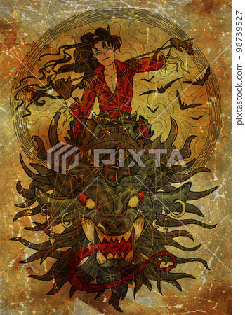 Colorful illustration with fantasy dragon and handsome warrior character boy, hero man or prince against old textured background Colorful illustration with fantasy dragon and handsome warrior character boy, hero man or prince against old textured background 98739527