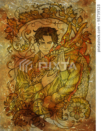 Colorful illustration with fantasy dragon and handsome warrior character boy, hero man or prince against old textured background Colorful illustration with fantasy dragon and handsome warrior character boy, hero man or prince against old textured background 98739528