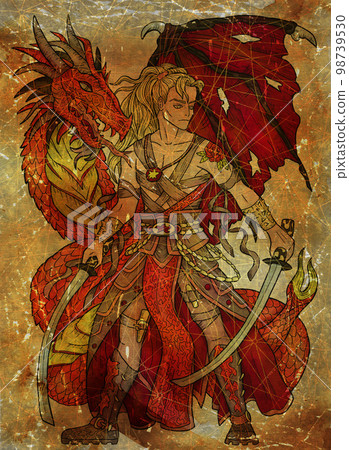Colorful illustration with fantasy dragon and handsome warrior character boy, hero man or prince against old textured background Colorful illustration with fantasy dragon and handsome warrior character boy, hero man or prince against old textured background 98739530