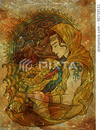 Colorful illustration with fantasy dragon and handsome warrior character boy, hero man or prince against old textured background Colorful illustration with fantasy dragon and handsome warrior character boy, hero man or prince against old textured background 98739531