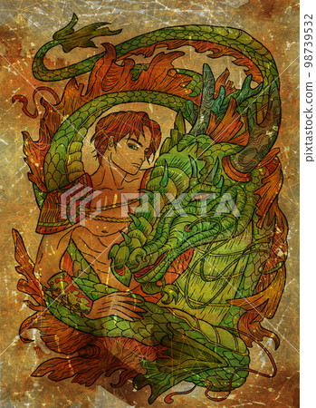 Colorful illustration with fantasy dragon and handsome warrior character boy, hero man or prince against old textured background Colorful illustration with fantasy dragon and handsome warrior character boy, hero man or prince against old textured background 98739532