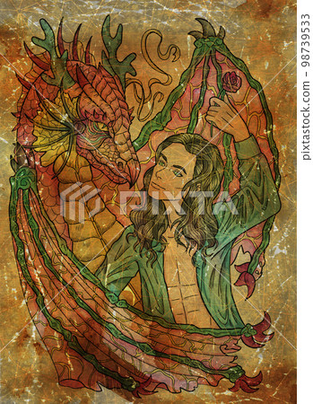 Colorful illustration with fantasy dragon and handsome warrior character boy, hero man or prince against old textured background Colorful illustration with fantasy dragon and handsome warrior character boy, hero man or prince against old textured background 98739533