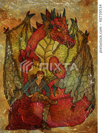 Colorful illustration with fantasy dragon and handsome warrior character boy, hero man or prince against old textured background Colorful illustration with fantasy dragon and handsome warrior character boy, hero man or prince against old textured background 98739534