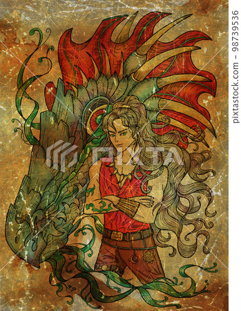 Colorful illustration with fantasy dragon and handsome warrior character boy, hero man or prince against old textured background Colorful illustration with fantasy dragon and handsome warrior character boy, hero man or prince against old textured background 98739536
