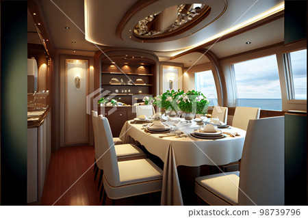Interior design furnishing decor of the salon area in a large luxury motor yacht Interior design furnishing decor of the salon area in a large luxury motor yacht 98739796