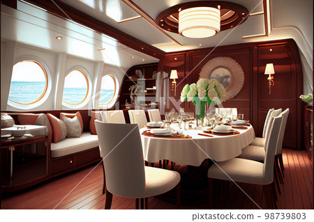 Interior design furnishing decor of the salon area in a large luxury motor yacht Interior design furnishing decor of the salon area in a large luxury motor yacht 98739803
