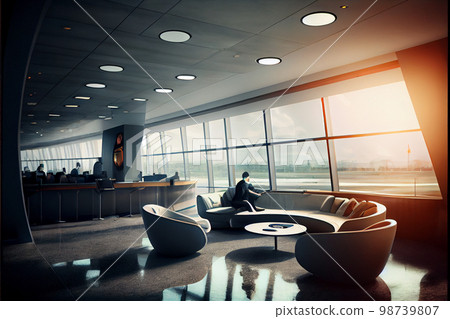 Business lounge. Departure lounge at airport with seating and table with aircraft preparing for flight in the background 98739807