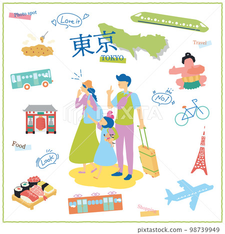 Tourist family and icon set enjoying gourmet sightseeing in Tokyo, Japan 98739949