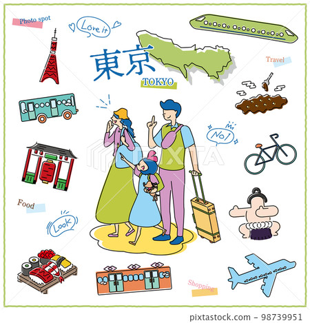 在日本東京享受美食觀光的旅遊家庭和圖標集(畫線) 在日本東京享受美食觀光的旅遊家庭和圖標集(畫線) 98739951