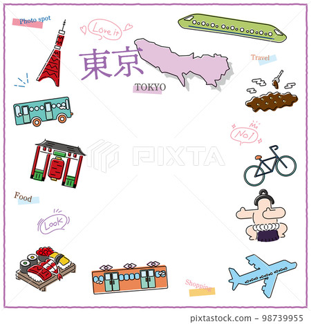 Icon set of gourmet tourism in Tokyo, Japan (line drawing) 98739955