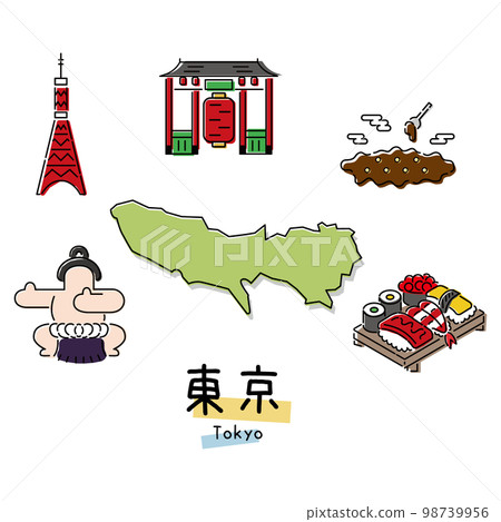 Gourmet sightseeing icon set of Tokyo, Japan (line drawing) 98739956