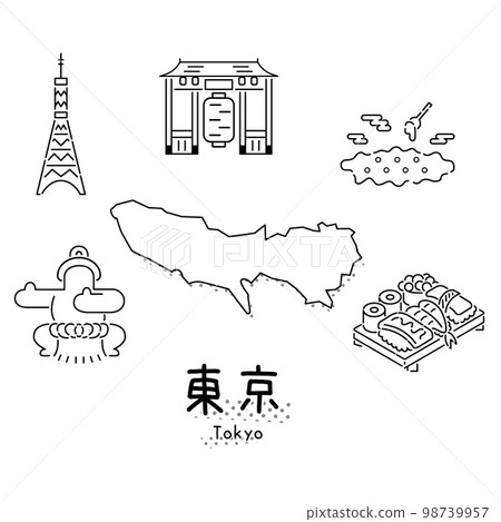 Gourmet sightseeing icon set of Tokyo, Japan (line drawing black and white) 98739957