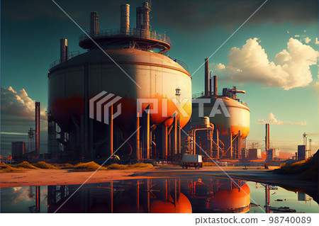 Pipes, oil storage tanks, pipelines of a petrochemical plant at night. 98740089