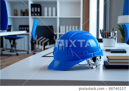 Blue work helmet on table. Protective accessories for construction workers. Blue work helmet on table. Protective accessories for construction workers. 98740157