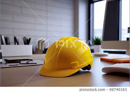 Yellow work helmet on table. Protective accessories for construction workers. Yellow work helmet on table. Protective accessories for construction workers. 98740163