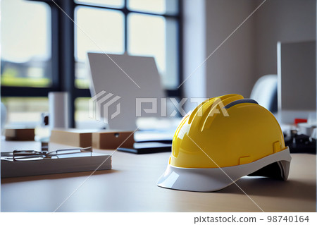 Yellow work helmet on table. Protective accessories for construction workers. Yellow work helmet on table. Protective accessories for construction workers. 98740164