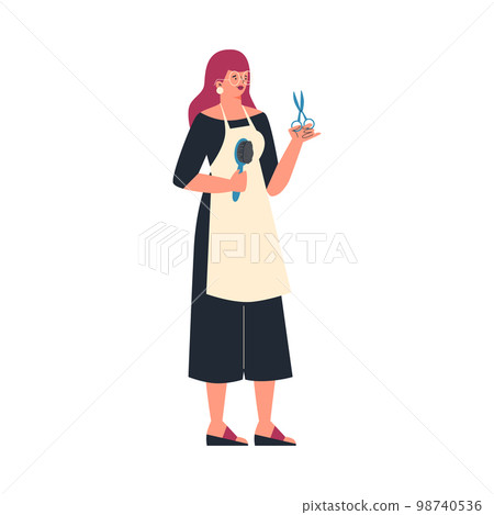 Female hairdresser holding scissors and comb, flat vector illustration isolated on white background. Female hairdresser holding scissors and comb, flat vector illustration isolated on white background. 98740536