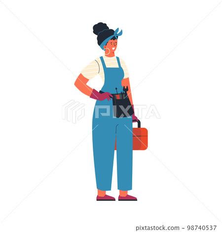 Female carpenter or construction worker, flat vector illustration isolated on white background. Female carpenter or construction worker, flat vector illustration isolated on white background. 98740537