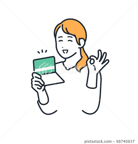 一個年輕女子拿著存摺並給出 OK 手勢的簡單矢量插圖素材 一個年輕女子拿著存摺並給出 OK 手勢的簡單矢量插圖素材 98740837