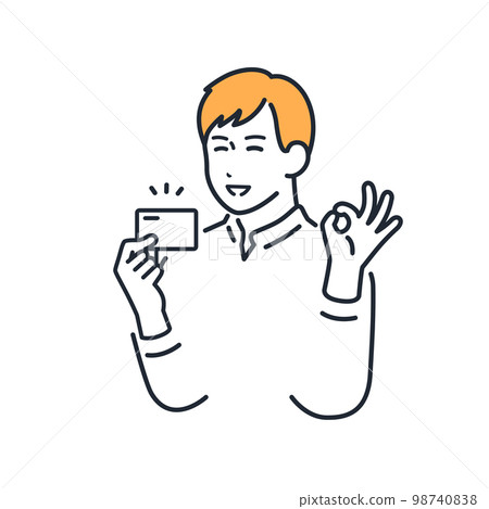 一個年輕男子拿著卡片並給出 OK 手勢的簡單矢量插圖素材 98740838