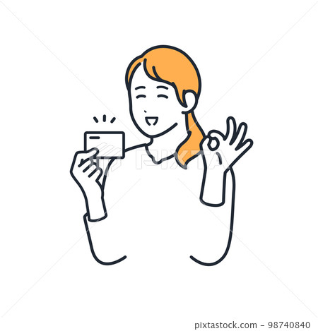 一個年輕女子拿著卡片並給出 OK 手勢的簡單矢量插圖素材 98740840