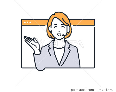 Simple vector illustration material of a young woman in a suit serving customers online 98741870