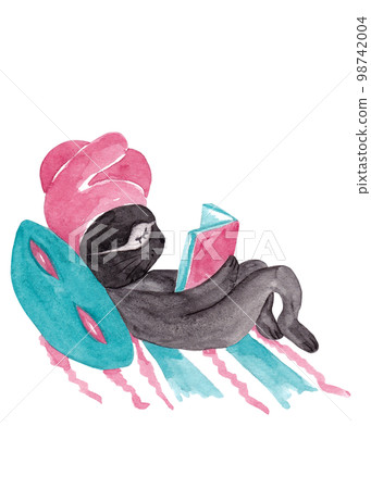 The hero of the cartoon - a black hare is resting after a shower on his bed with a book in his paws. Isolated character watercolor illustration for your design. Perfect for advent calendar 98742004