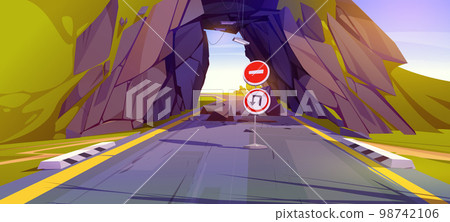 Tunnel road after landslide or earthquake 98742106