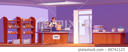 Young saleswoman packing fresh bread in paper bag Young saleswoman packing fresh bread in paper bag 98742125