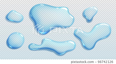 Liquid spills, water drops and puddles Liquid spills, water drops and puddles 98742126