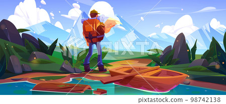Male tourist hiking in mountains with map 98742138