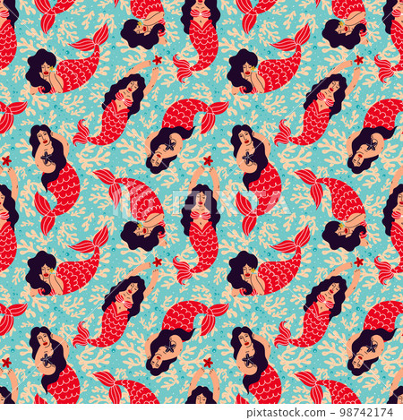 Seamless pattern with brunette mermaids and corals on a blue background  98742174
