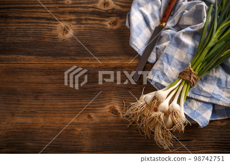 Bunch of young green garlic Bunch of young green garlic 98742751