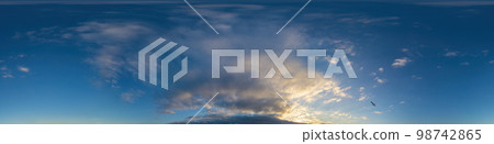 Dark blue sunset sky panorama with Cumulus clouds. Seamless hdr pano in spherical equirectangular format. Complete zenith for 3D visualization, game and sky replacement for aerial drone 360 panoramas. Dark blue sunset sky panorama with Cumulus clouds. Seamless hdr pano in spherical equirectangular format. Complete zenith for 3D visualization, game and sky replacement for aerial drone 360 panoramas. 98742865