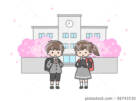 Entrance ceremony A new first-year boy and girl standing in front of the school gate 98743530