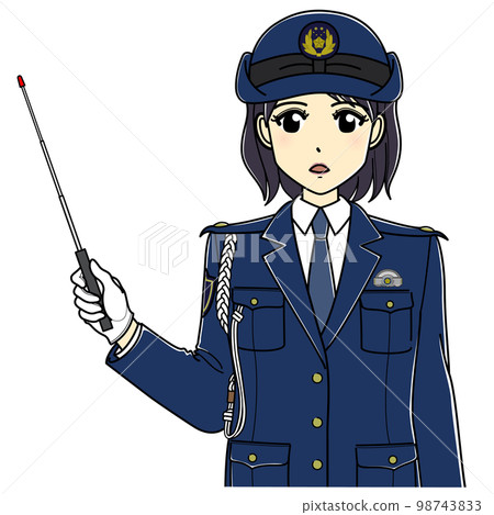 A female police officer with a pointing stick (upper body, serious) 98743833