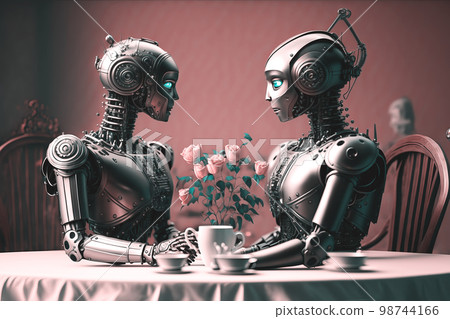 couple of lovers humanoid robots on a romantic date. Valentine's Day with love. Generative AI illustration 98744166