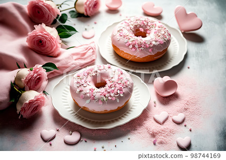 Donuts with pink frosting and rose petals for Valentine's Day, Mothers Day or Birthday. Generative AI illustration 98744169