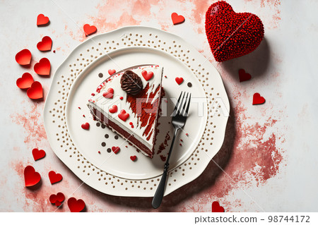 Piece of cake for St. Valentines Day, Mothers Day or Birthday, decorated with roses. Valentine's Day with love. Generative AI illustration 98744172
