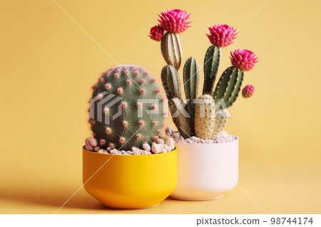 Surreal prickly cacti on pastel gradient background. Floral creative concept. Generative AI illustration 98744174