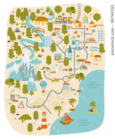 Cute town map for kids room. Landscape with lot details. Vector illustration 98744393
