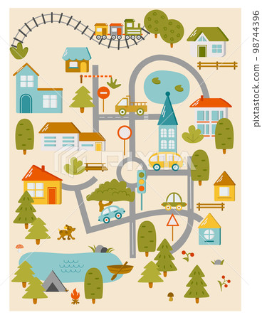 Cute town map for kids room. Landscape with lot details. Vector illustration Cute town map for kids room. Landscape with lot details. Vector illustration 98744396
