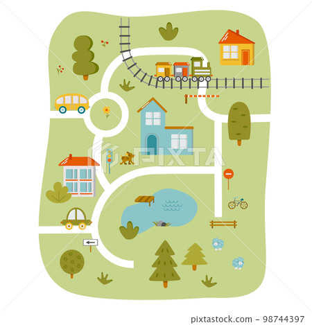 Cute town map for kids room. Landscape with lot details. Vector illustration Cute town map for kids room. Landscape with lot details. Vector illustration 98744397